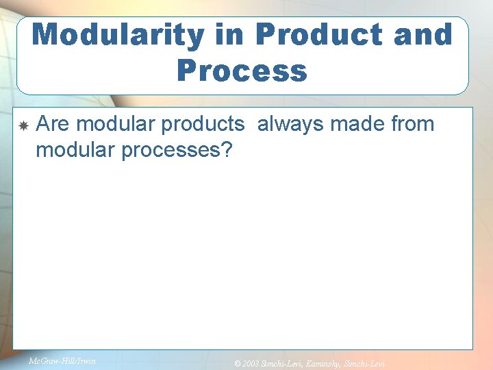 Modularity in Product and Process Are modular products always made from modular processes? Mc.