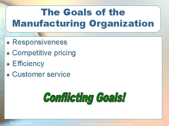 The Goals of the Manufacturing Organization Responsiveness Competitive pricing Efficiency Customer service Mc. Graw-Hill/Irwin