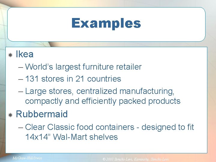 Examples Ikea – World’s largest furniture retailer – 131 stores in 21 countries –