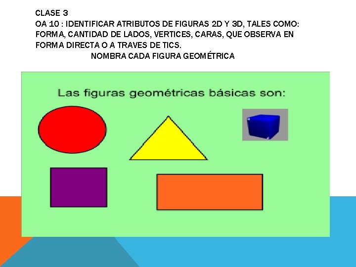 CLASE 3 OA 10 : IDENTIFICAR ATRIBUTOS DE FIGURAS 2 D Y 3 D,