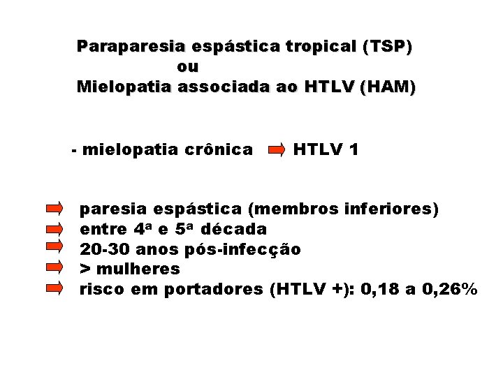 Paraparesia espástica tropical (TSP) ou Mielopatia associada ao HTLV (HAM) - mielopatia crônica HTLV