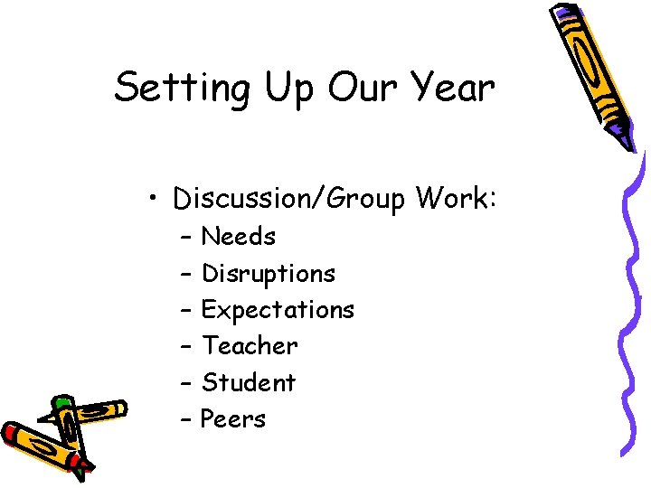 Setting Up Our Year • Discussion/Group Work: – – – Needs Disruptions Expectations Teacher