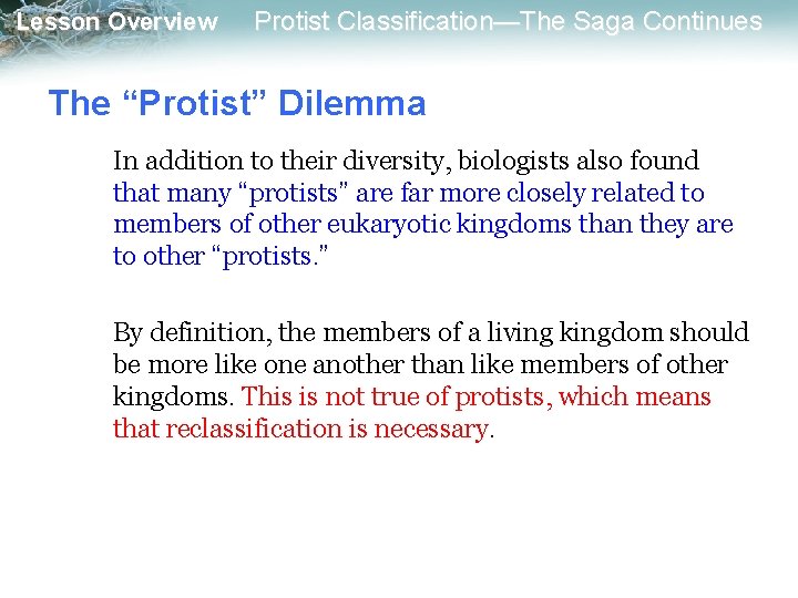 Lesson Overview Protist Classification—The Saga Continues The “Protist” Dilemma In addition to their diversity,