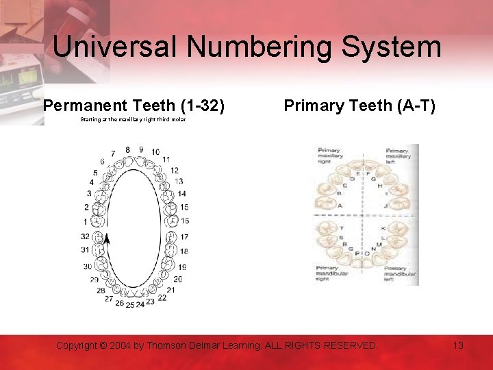 Universal Numbering System Permanent Teeth (1 -32) Primary Teeth (A-T) Starting at the maxillary