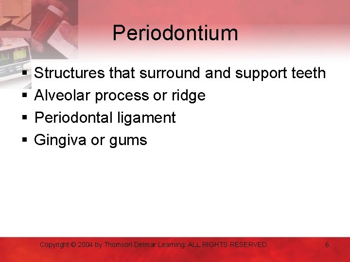 Periodontium § § Structures that surround and support teeth Alveolar process or ridge Periodontal