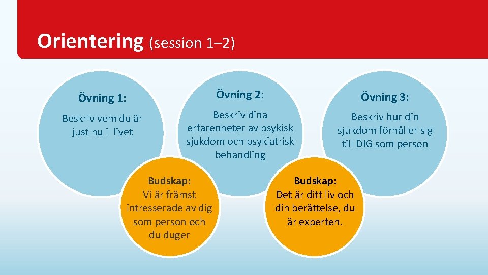 Orientering (session 1– 2) Övning 1: Övning 2: Övning 3: Beskriv vem du är