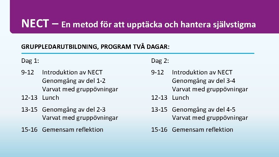 NECT – En metod för att upptäcka och hantera självstigma GRUPPLEDARUTBILDNING, PROGRAM TVÅ DAGAR: