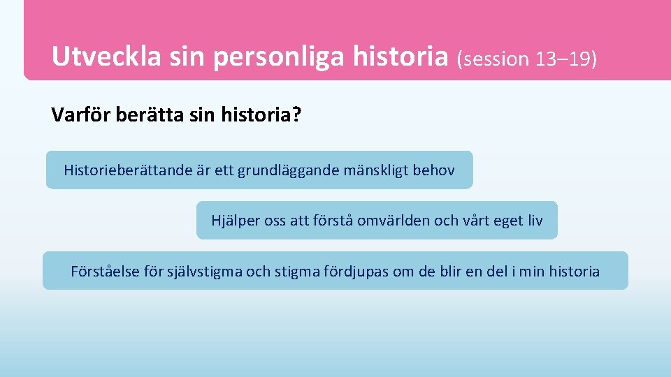 Utveckla sin personliga historia (session 13– 19) Varför berätta sin historia? Historieberättande är ett