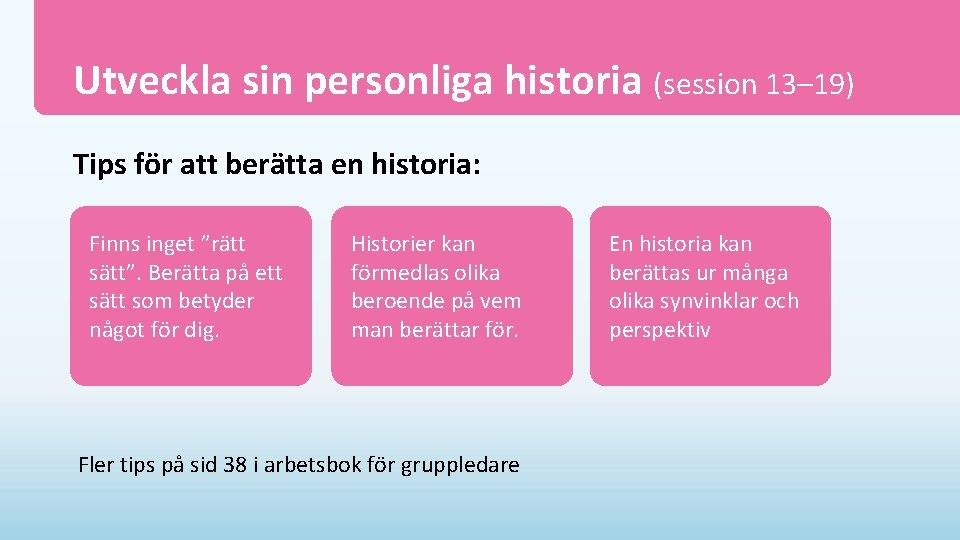 Utveckla sin personliga historia (session 13– 19) Tips för att berätta en historia: Finns