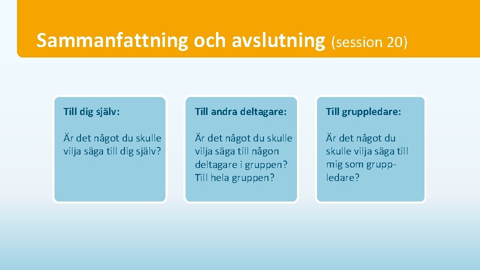 Sammanfattning och avslutning (session 20) Till dig själv: Till andra deltagare: Till gruppledare: Är