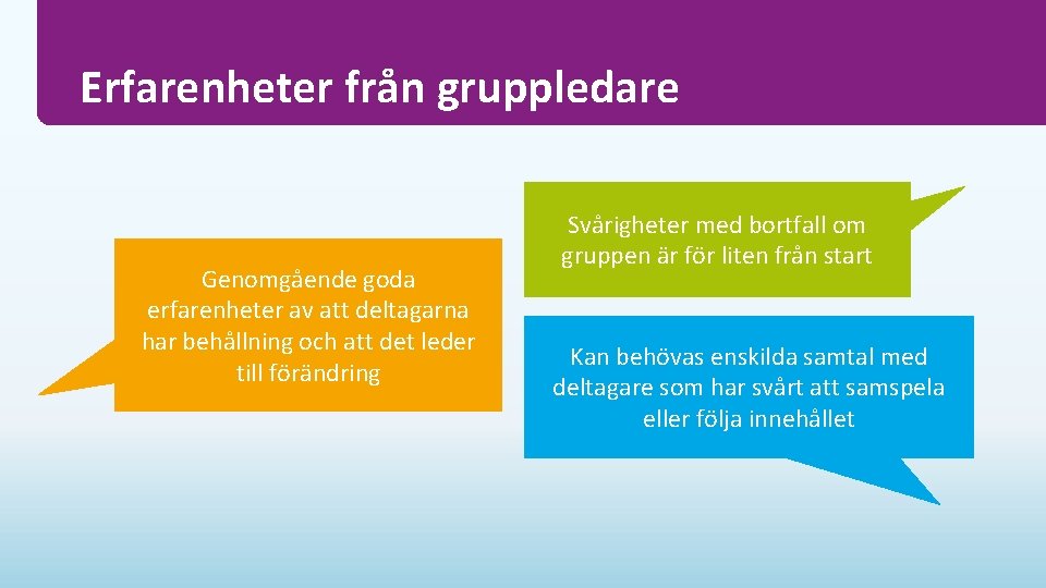 Erfarenheter från gruppledare Genomgående goda erfarenheter av att deltagarna har behållning och att det