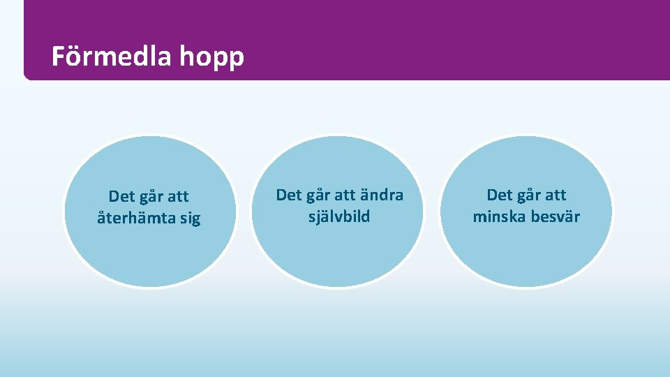 Förmedla hopp Det går att återhämta sig Det går att ändra självbild Det går