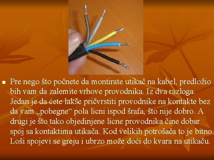 n Pre nego što počnete da montirate utikač na kabel, predložio bih vam da