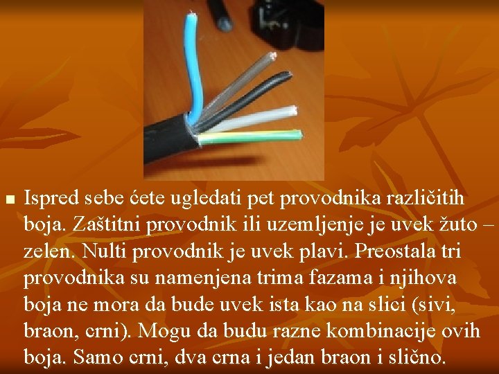 n Ispred sebe ćete ugledati pet provodnika različitih boja. Zaštitni provodnik ili uzemljenje je