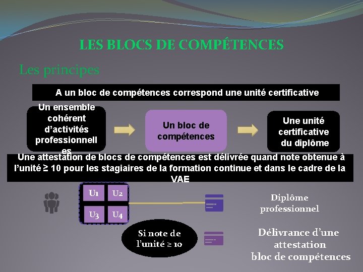 LES BLOCS DE COMPÉTENCES Les principes A un bloc de compétences correspond une unité LES BLOCS DE COMPÉTENCES Les principes A un bloc de compétences correspond une unité