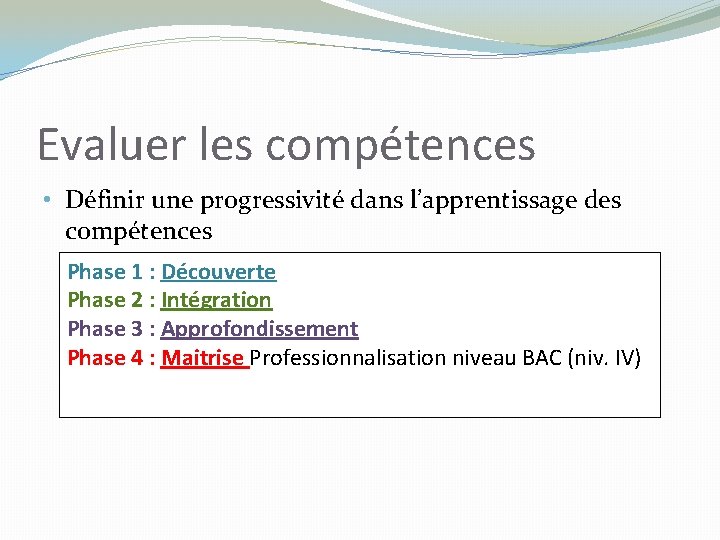 Evaluer les compétences • Définir une progressivité dans l’apprentissage des compétences Phase 1 : Evaluer les compétences • Définir une progressivité dans l’apprentissage des compétences Phase 1 :