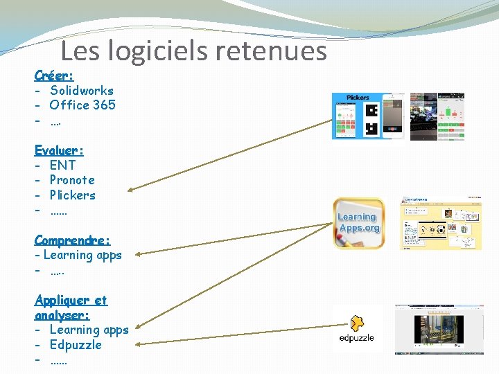 Les logiciels retenues Créer: - Solidworks - Office 365 - …. Evaluer: - ENT Les logiciels retenues Créer: - Solidworks - Office 365 - …. Evaluer: - ENT