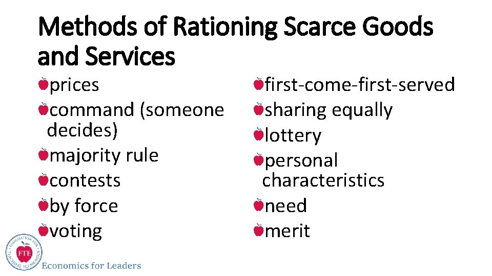 Methods of Rationing Scarce Goods and Services prices command (someone decides) majority rule contests