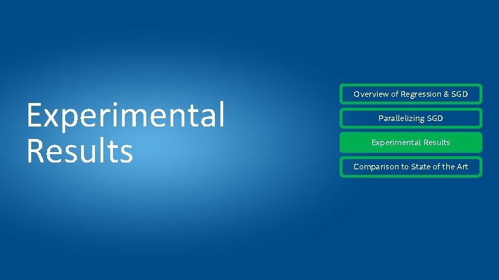 Experimental Results Overview of Regression & SGD Parallelizing SGD Experimental Results Comparison to State