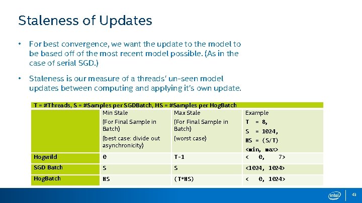 Staleness of Updates • For best convergence, we want the update to the model