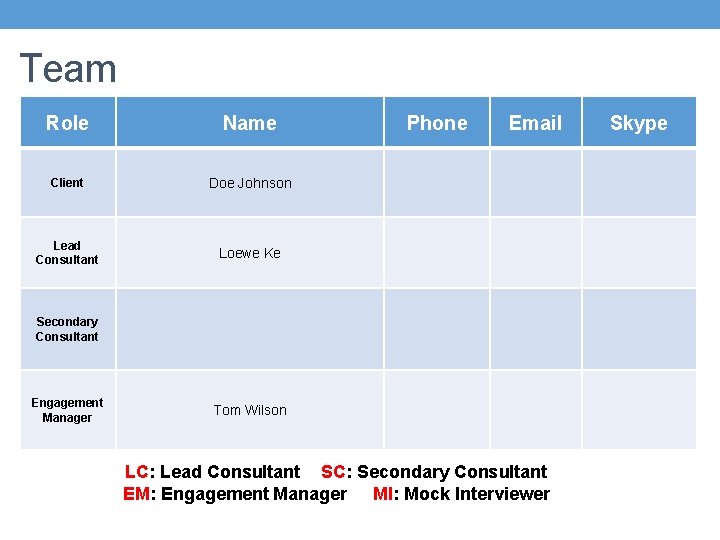 Team Role Name Client Doe Johnson Lead Consultant Loewe Ke Phone Email Secondary Consultant