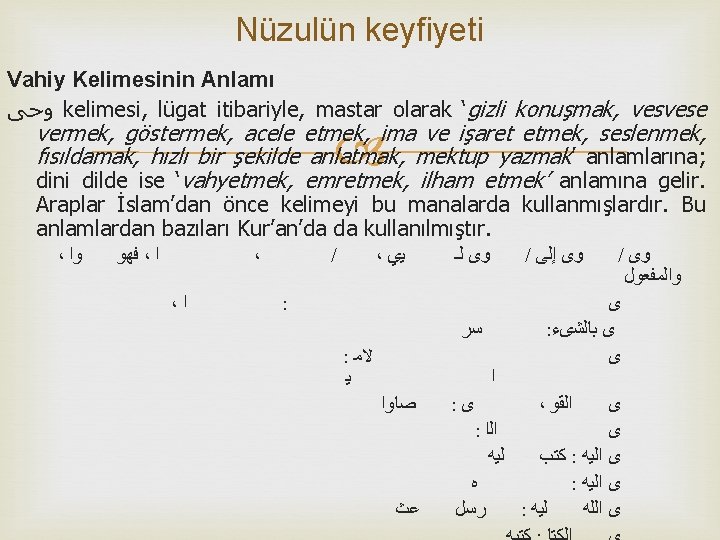 Nüzulün keyfiyeti Vahiy Kelimesinin Anlamı ﻭﺣﻰ kelimesi, lügat itibariyle, mastar olarak ‘gizli konuşmak, vesvese