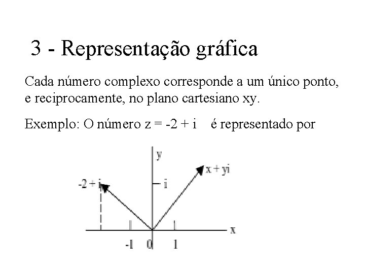 3 - Representação gráfica Cada número complexo corresponde a um único ponto, e reciprocamente,
