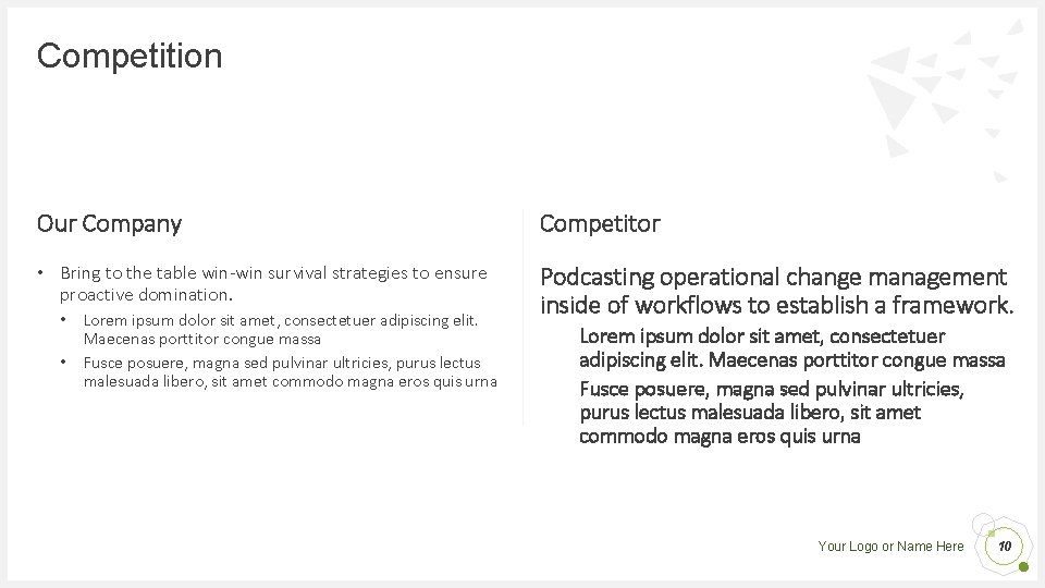 Competition Our Company Competitor • Bring to the table win-win survival strategies to ensure