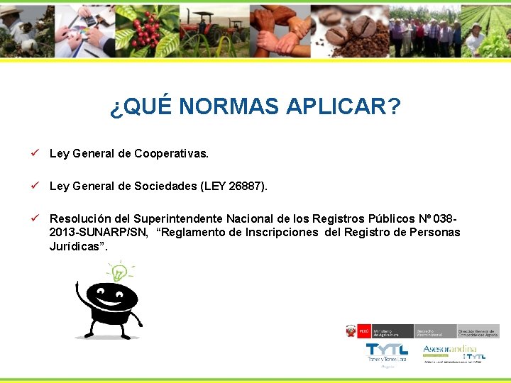 ¿QUÉ NORMAS APLICAR? ü Ley General de Cooperativas. ü Ley General de Sociedades (LEY