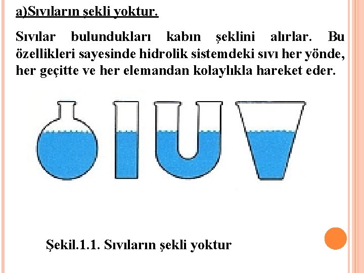 a)Sıvıların şekli yoktur. Sıvılar bulundukları kabın şeklini alırlar. Bu özellikleri sayesinde hidrolik sistemdeki sıvı