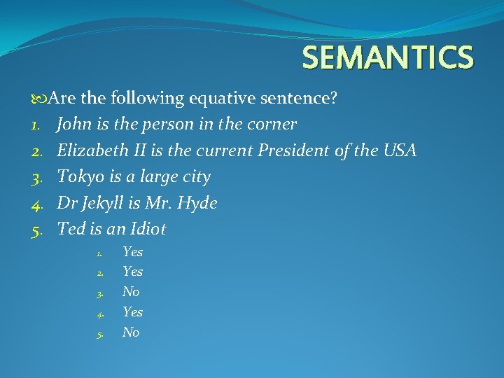SEMANTICS Are the following equative sentence? 1. John is the person in the corner SEMANTICS Are the following equative sentence? 1. John is the person in the corner
