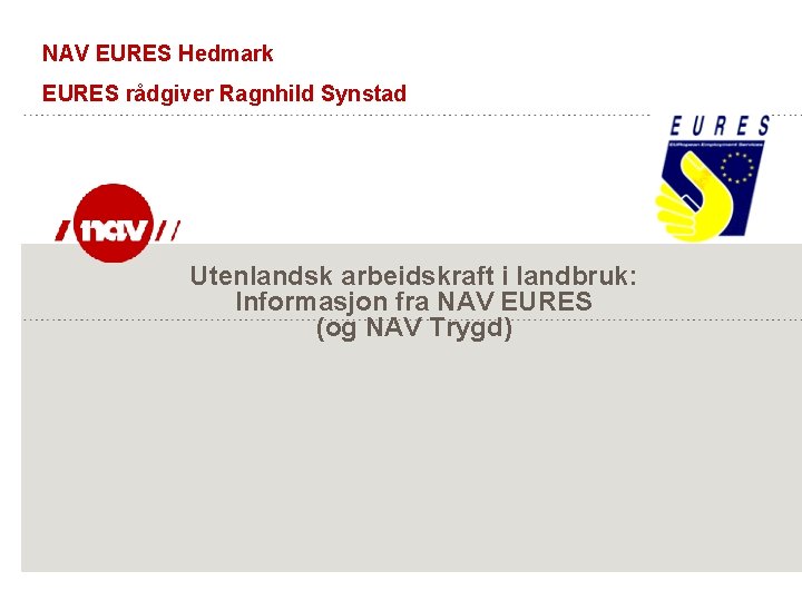 NAV EURES Hedmark EURES rådgiver Ragnhild Synstad Utenlandsk arbeidskraft i landbruk: Informasjon fra NAV