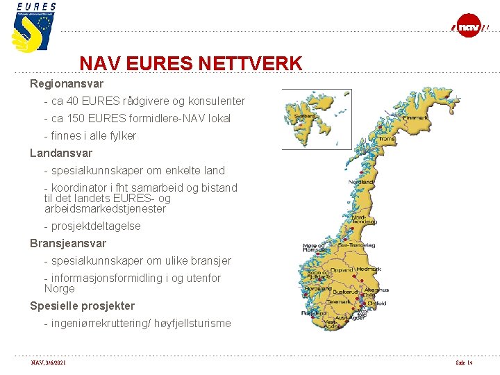 NAV EURES NETTVERK Regionansvar - ca 40 EURES rådgivere og konsulenter - ca 150