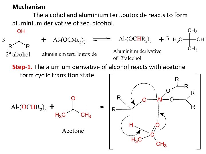 Mechanism The alcohol and aluminium tert. butoxide reacts to form aluminium derivative of sec.