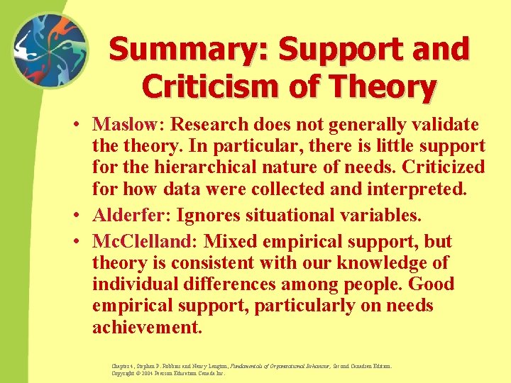 Summary: Support and Criticism of Theory • Maslow: Research does not generally validate theory.