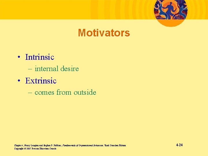 Motivators • Intrinsic – internal desire • Extrinsic – comes from outside Chapter 4,