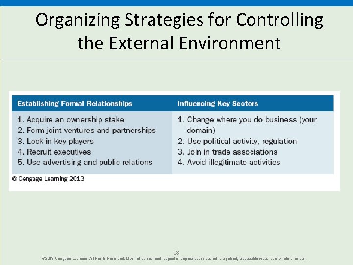 Organizing Strategies for Controlling the External Environment 18 © 2013 Cengage Learning. All Rights