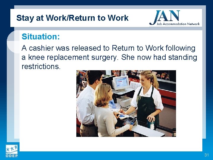 Stay at Work/Return to Work Situation: A cashier was released to Return to Work
