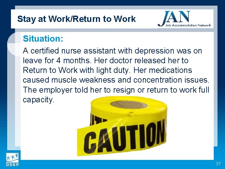Stay at Work/Return to Work Situation: A certified nurse assistant with depression was on