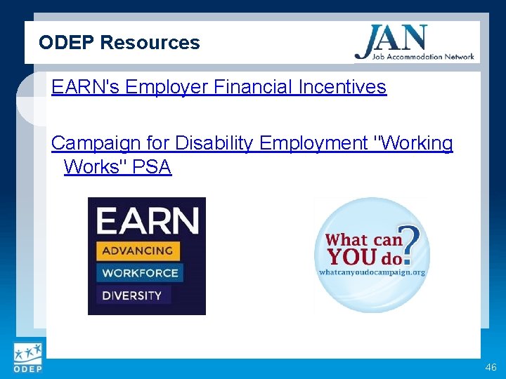ODEP Resources EARN's Employer Financial Incentives Campaign for Disability Employment "Working Works" PSA 46