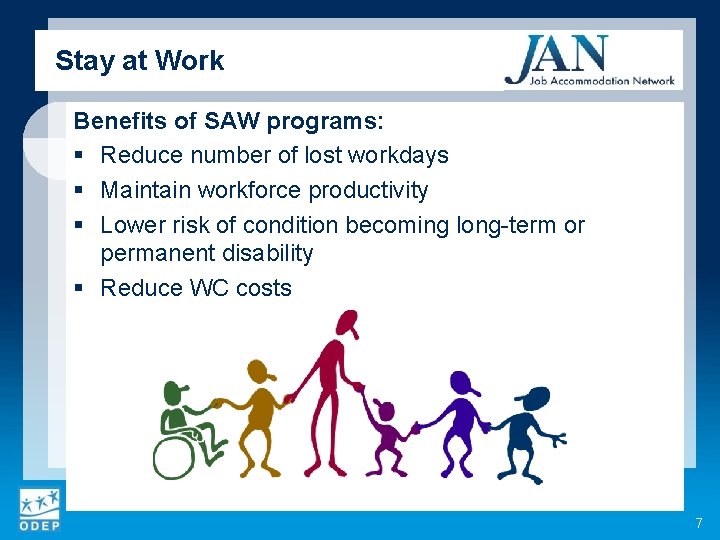 Stay at Work Benefits of SAW programs: § Reduce number of lost workdays §