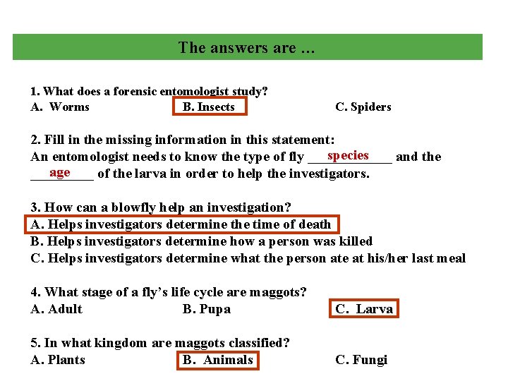 The answers are … 1. What does a forensic entomologist study? A. Worms B.