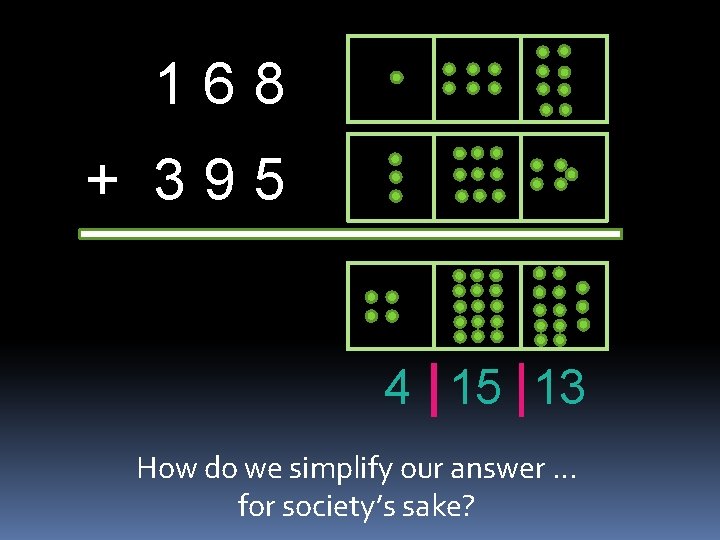 168 + 395 4 15 13 How do we simplify our answer … for