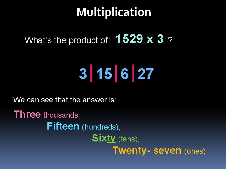 Multiplication What’s the product of: 1529 x 3 ? 3 15 6 27 We