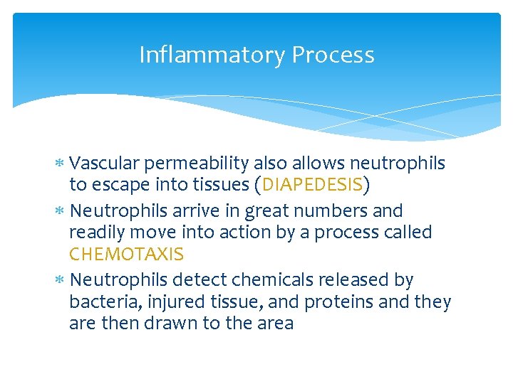 Inflammatory Process Vascular permeability also allows neutrophils to escape into tissues (DIAPEDESIS) Neutrophils arrive