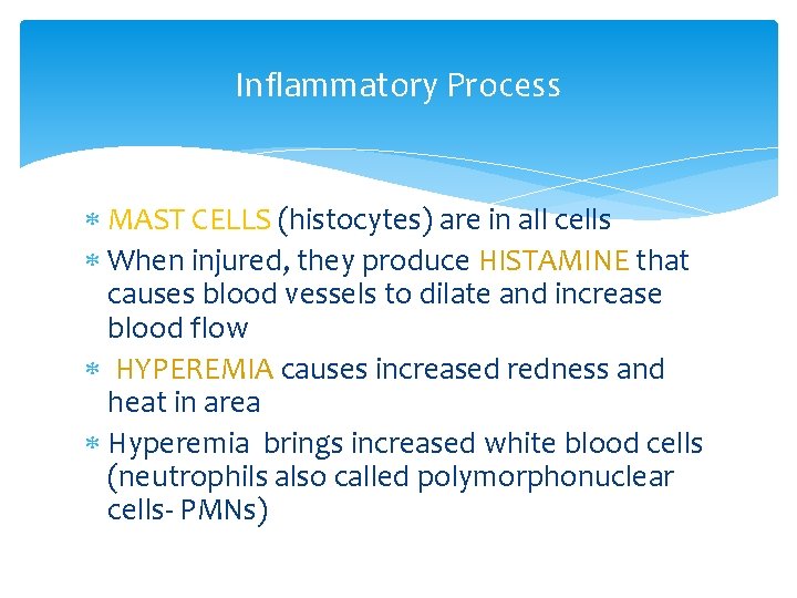 Inflammatory Process MAST CELLS (histocytes) are in all cells When injured, they produce HISTAMINE