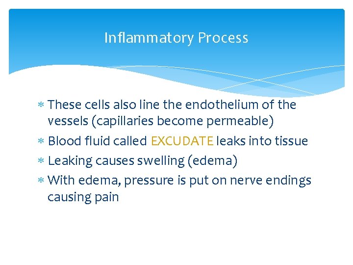 Inflammatory Process These cells also line the endothelium of the vessels (capillaries become permeable)