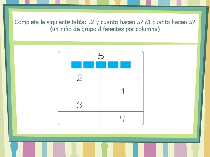 Completa la siguiente tabla: ¿ 2 y cuanto hacen 5? ¿ 1 cuanto hacen