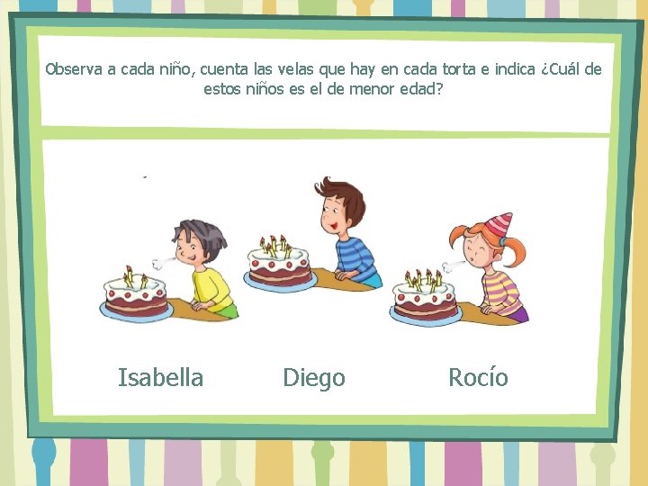 Observa a cada niño, cuenta las velas que hay en cada torta e indica