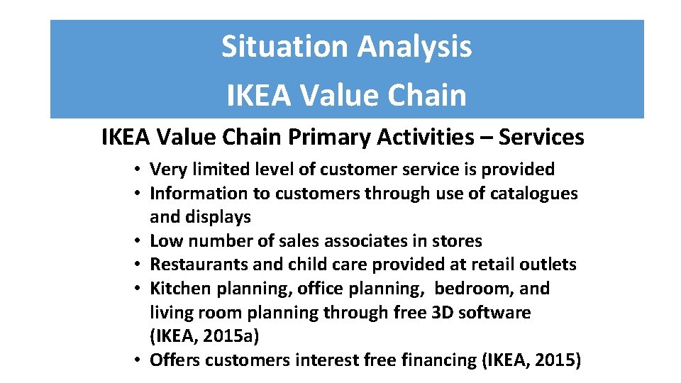 Situation Analysis IKEA Value Chain Primary Activities – Services • Very limited level of